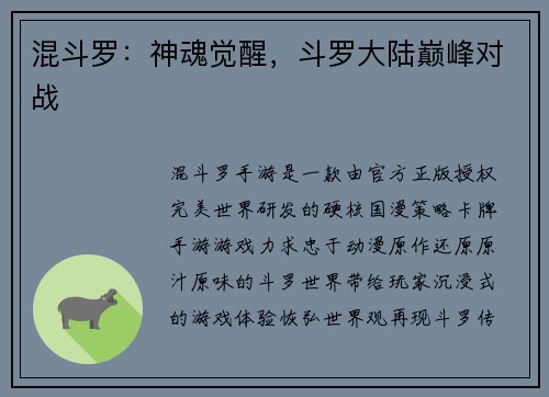 混斗罗：神魂觉醒，斗罗大陆巅峰对战