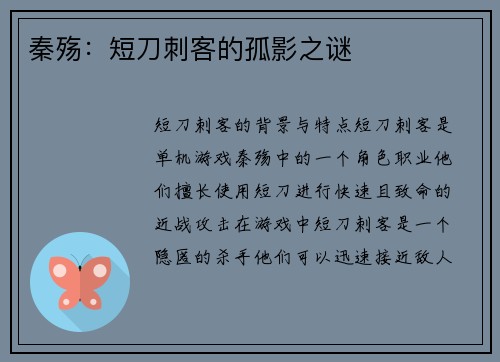 秦殇：短刀刺客的孤影之谜